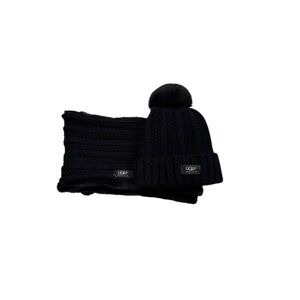 UGG Black Knit Pom Beanie with Matching Scarf Set